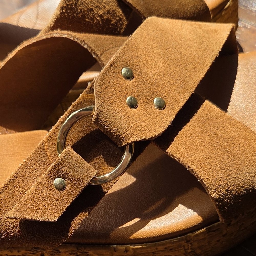 NEW Lottini Suede Boho Wedge Sandals - Camel - Picture 3 of 10